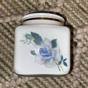 White Jar with Blue Floral and Gold Design, Glass Lid Collectible Decorative